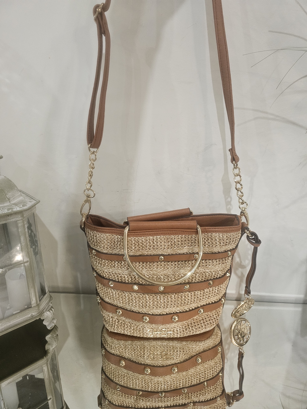 Jessica Simpson Tan and Natural Woven Crossbody Bucket Bag